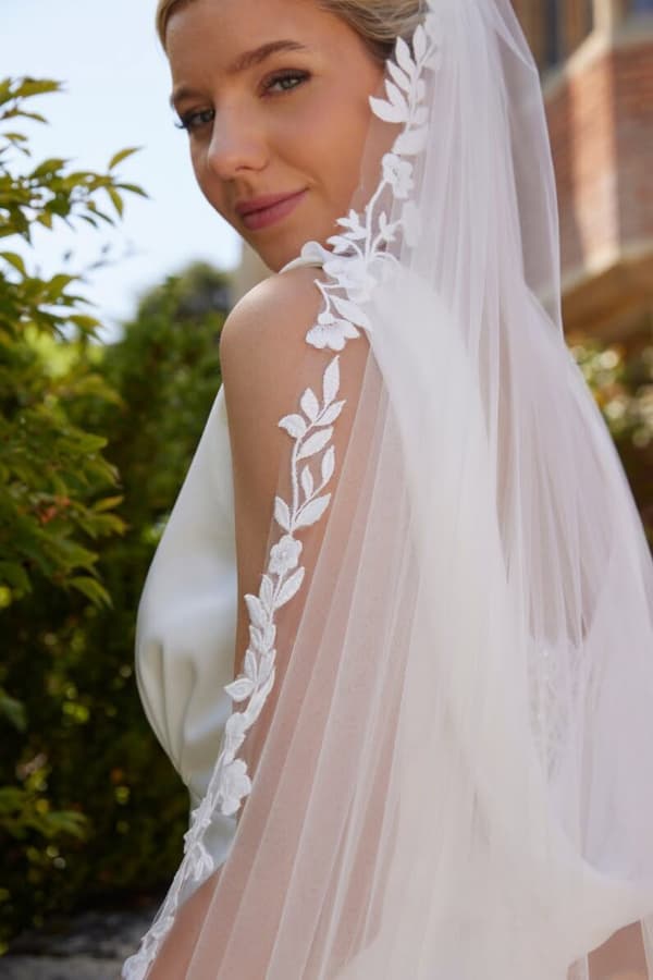 Statement Matte Lace Applique Train Veil - Image 4