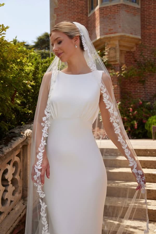Statement Matte Lace Applique Train Veil - Image 2
